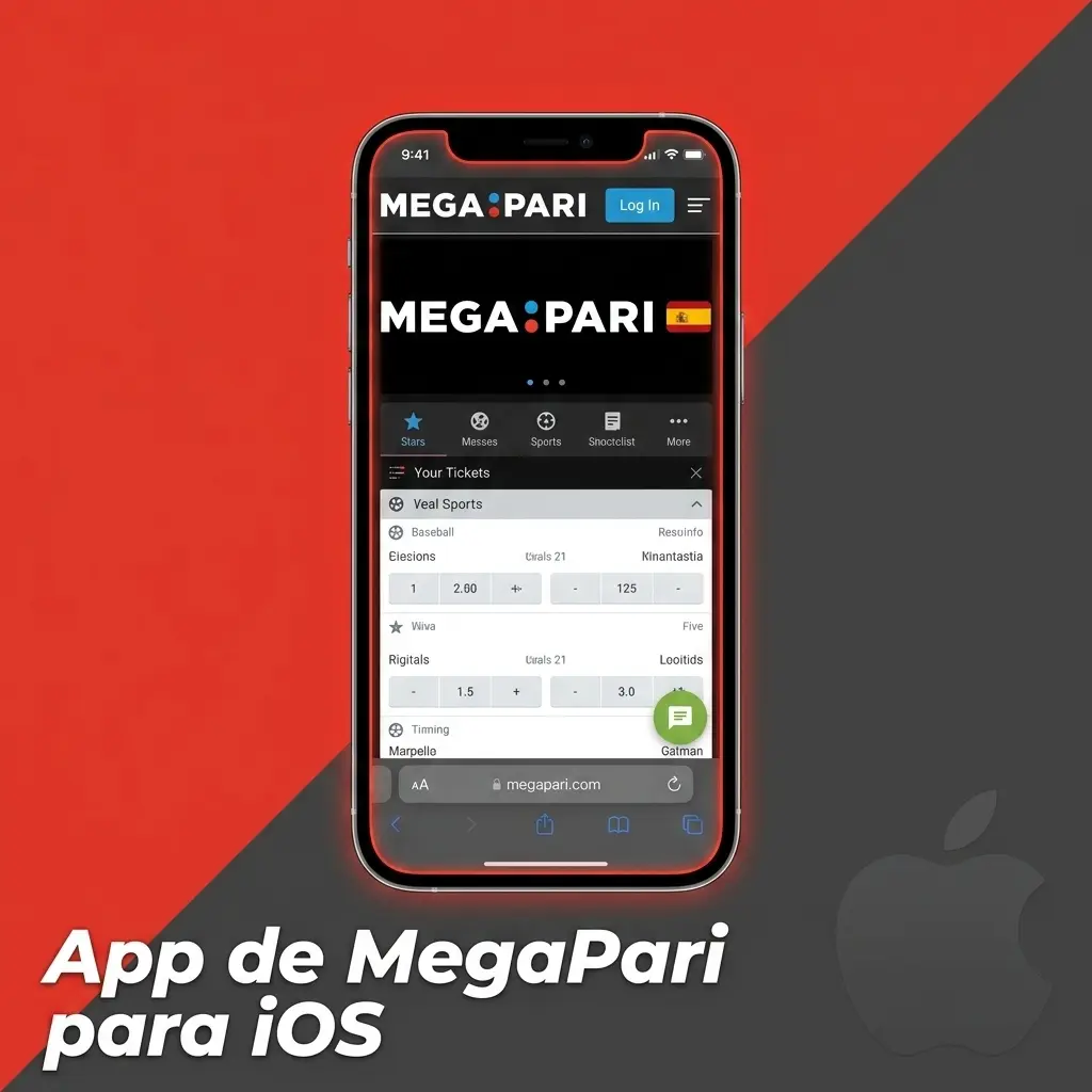 Pantalla de descarga de la app MegaPari para iOS en iPhone y iPad con funciones de apuestas y casino en vivo