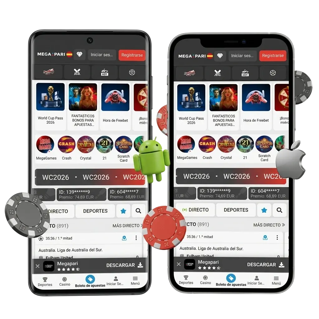Aplicación móvil MegaPari para Android e iOS con apuestas deportivas y casino disponible en España