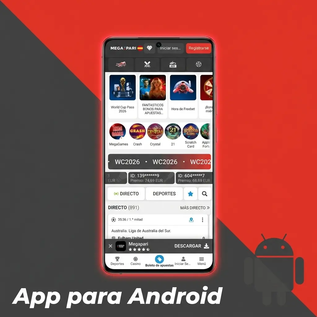 Captura de pantalla de la app MegaPari para Android con opciones de casino, apuestas deportivas y pagos optimizados