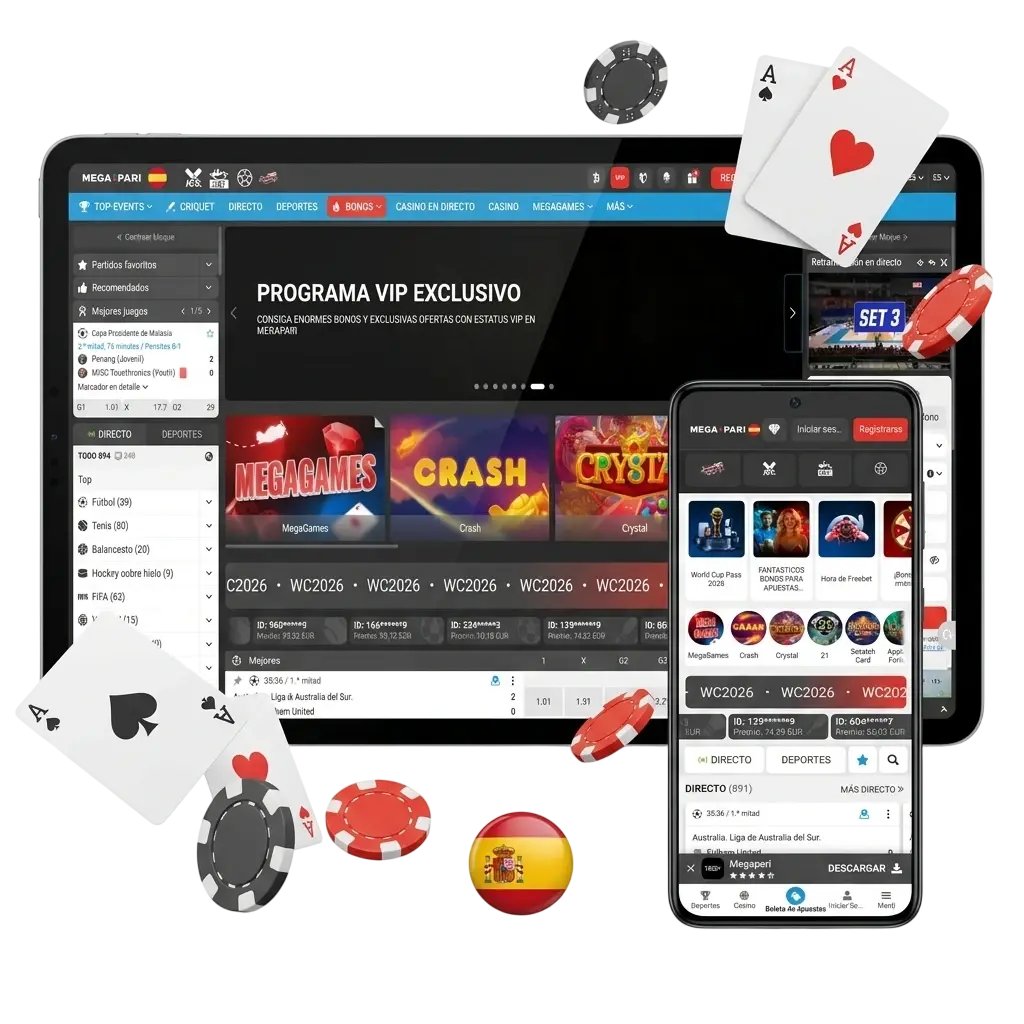 Plataforma MegaPari España con apuestas deportivas, casino online y bono de bienvenida hasta 1500 EUR