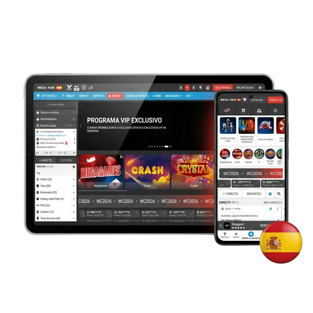 Plataforma MegaPari España con apuestas deportivas, casino online, bono bienvenida 1500 EUR y app iOS Android